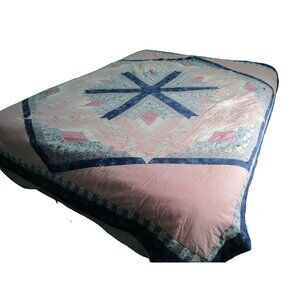 Chrysalis Star Log Cabin Vintage 1980s Patchwork Quilt Pink Blue GUC Cotton Blen